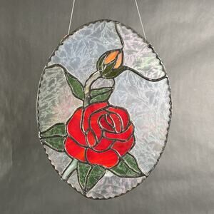 Handmade Stained Glass Red Rose w/Bud Window Hanger 9x7” VTG Floral Panel